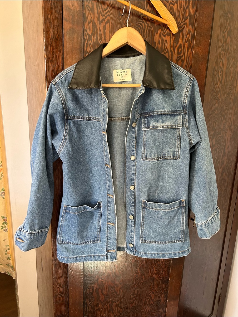 Ci Sono Blue Denim Chore Coat with Black Faux Leather Collar
